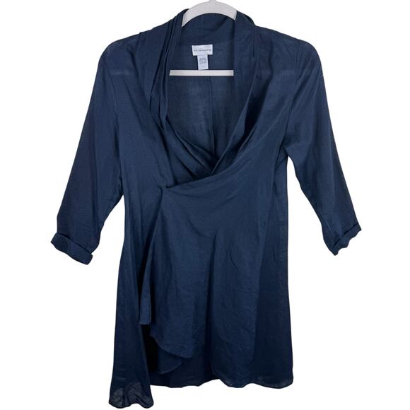 Soft Surroundings 100% Linen Navy Blue Long Sleeve Cowl Neck Wrap Dress Size PL - Picture 1 of 7